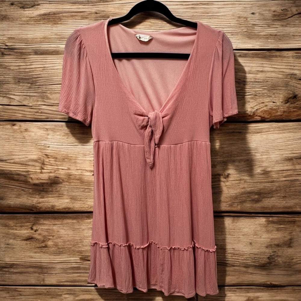 Altar’d State Pink Boho Dress Tie Front Ruffle Hem Short Sleeve Flowy Medium
